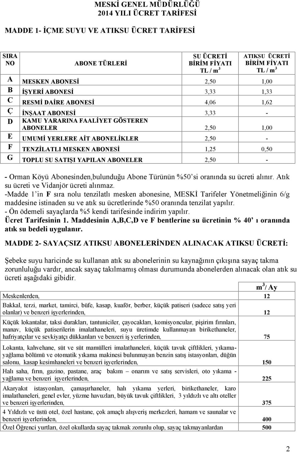 ABONESİ 1,25 0,50 G TOPLU SU SATIŞI YAPILAN ABONELER 2,50 - - Orman Köyü Abonesinden,bulunduğu Abone Türünün %50 si oranında su ücreti alınır. Atık su ücreti ve Vidanjör ücreti alınmaz.