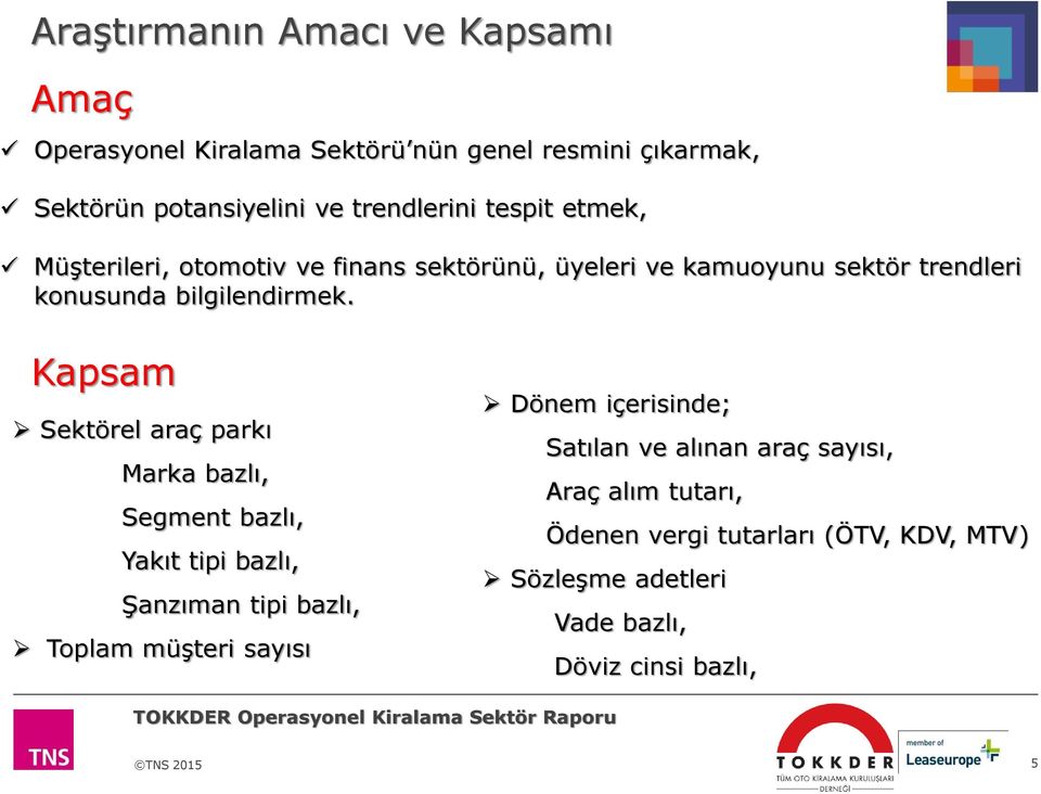 Kapsam Sektörel araç parkı Marka bazlı, Segment bazlı, Yakıt tipi bazlı, Şanzıman tipi bazlı, Toplam müşteri sayısı Dönem