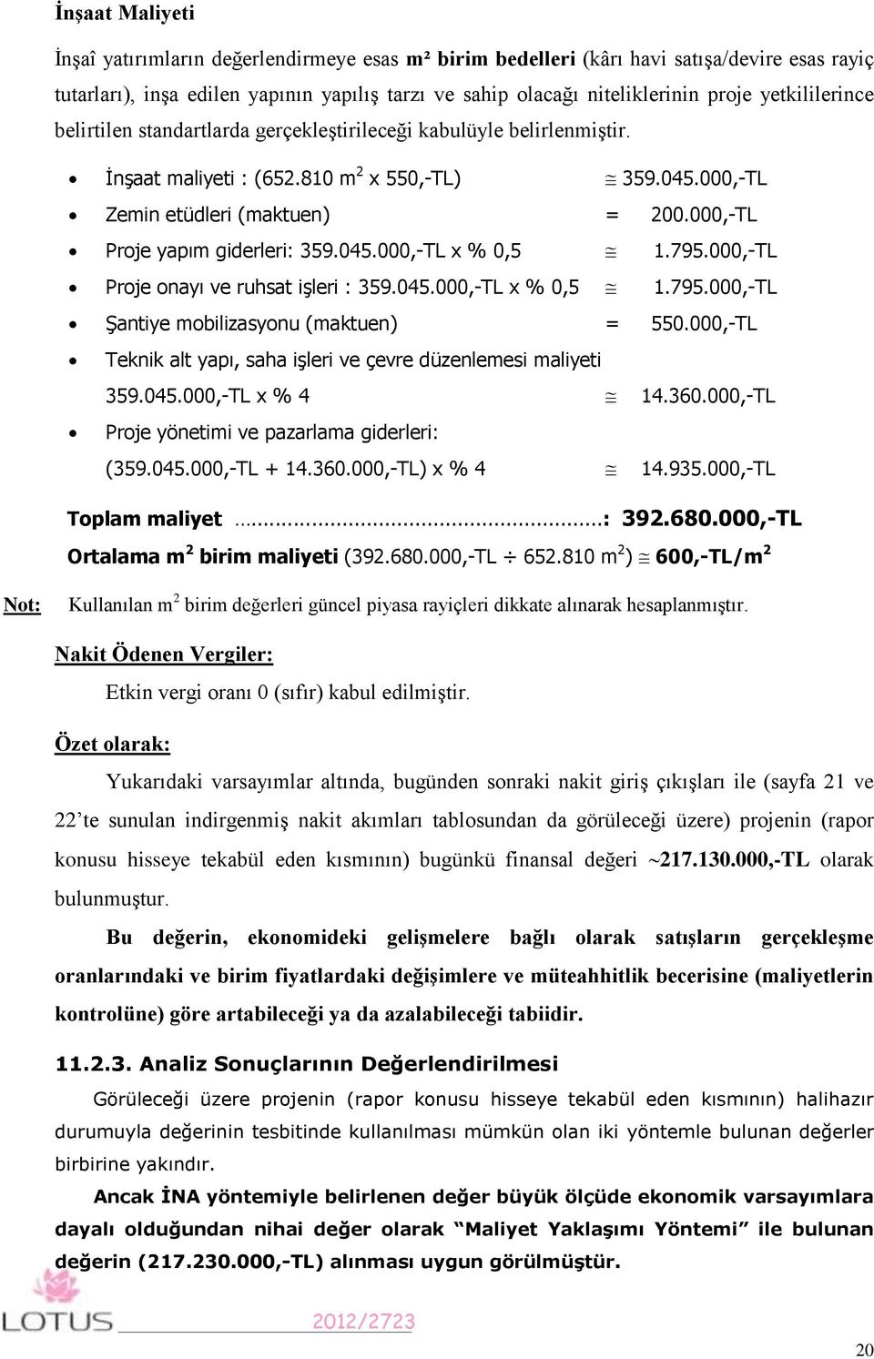 000,-TL Proje yapım giderleri: 359.045.000,-TL x % 0,5 1.795.000,-TL Proje onayı ve ruhsat işleri : 359.045.000,-TL x % 0,5 1.795.000,-TL Şantiye mobilizasyonu (maktuen) = 550.