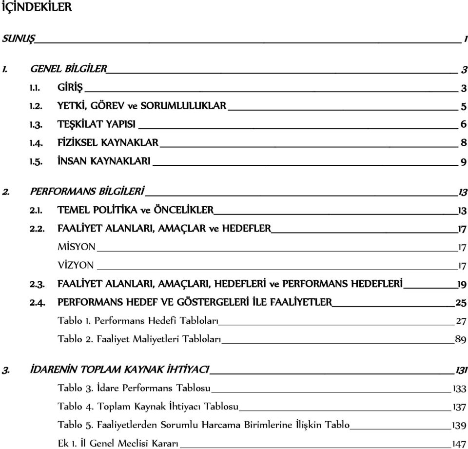 4. PERFORMANS HEDEF VE GÖSTERGELERİ İLE FAALİYETLER 25 Tablo. Performans Hedefi Tabloları 27 Tablo 2. Faaliyet Maliyetleri Tabloları 89 3.