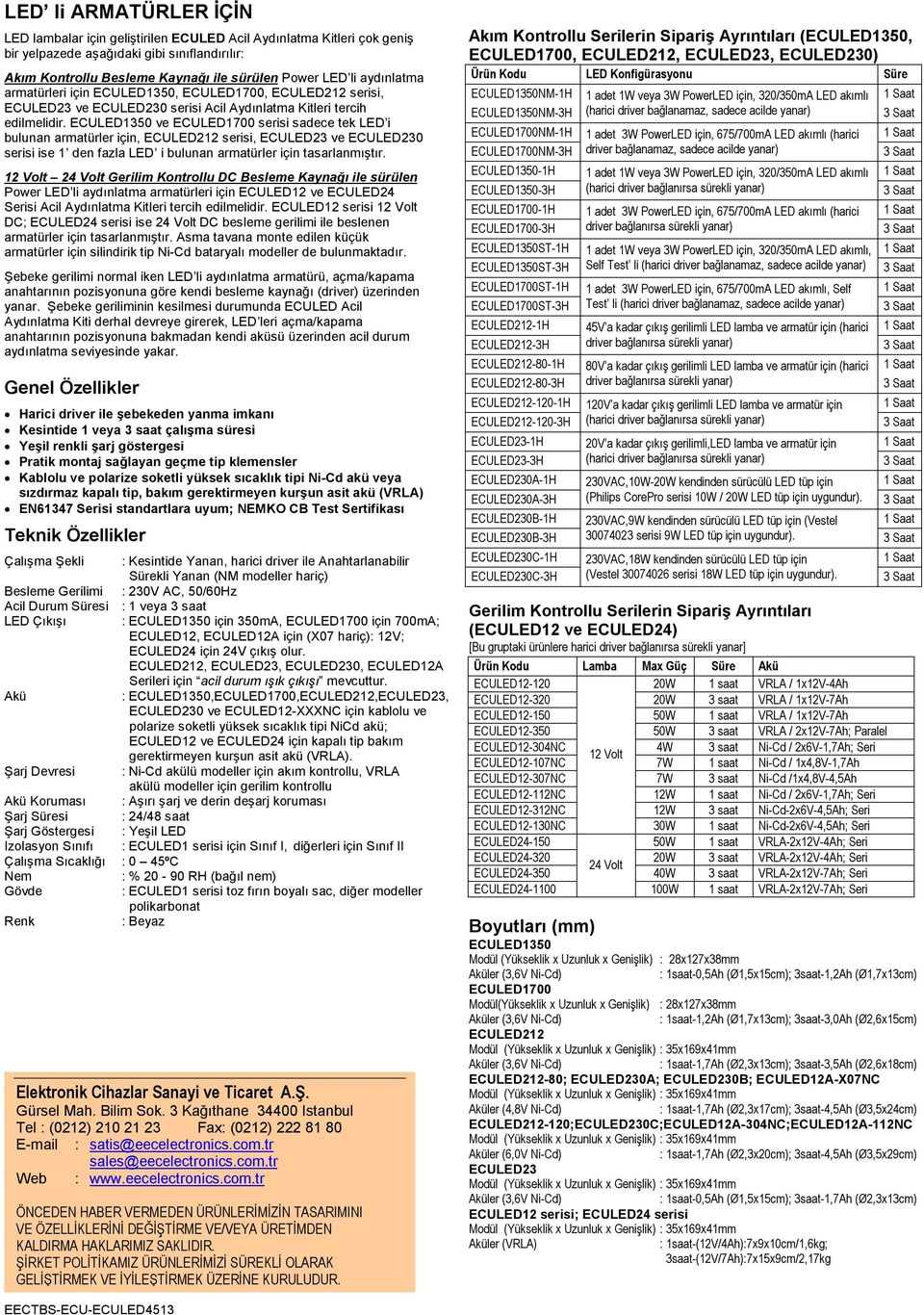 ECULED1350 ve ECULED1700 serisi sadece tek LED i bulunan armatürler için, ECULED212 serisi, ECULED23 ve ECULED230 serisi ise 1 den fazla LED i bulunan armatürler için tasarlanmıştır.