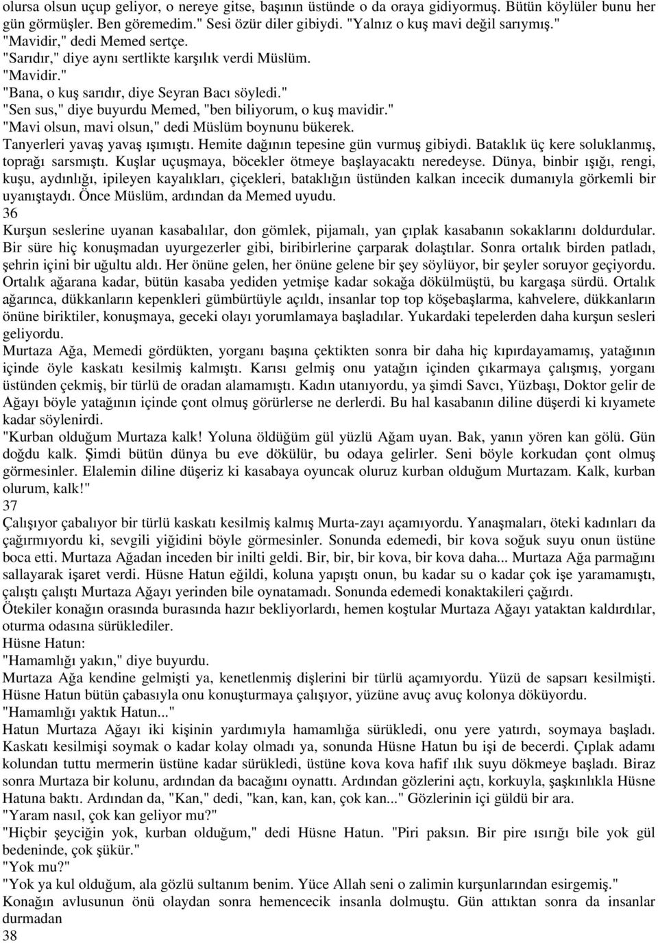 " "Mavi olsun, mavi olsun," dedi Müslüm boynunu bükerek. Tanyerleri yava yava. Hemite da n tepesine gün vurmu gibiydi. Batakl k üç kere soluklanm, topra sarsm.