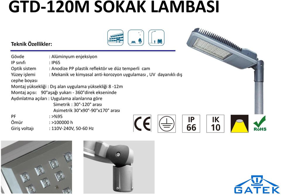 yüksekliği : Dış alan uygulama yüksekliği 8-12m Montaj açısı: 90 aşağı yukarı - 360 direk ekseninde Aydınlatma açıları :