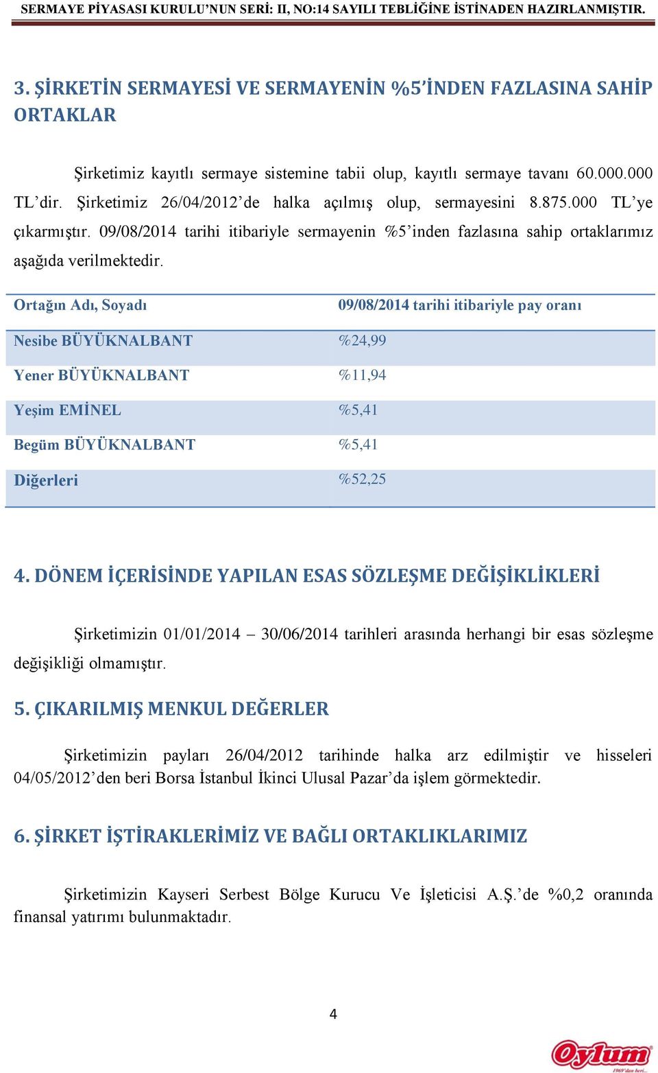 Ortağın Adı, Soyadı 09/08/2014 tarihi itibariyle pay oranı Nesibe BÜYÜKNALBANT %24,99 Yener BÜYÜKNALBANT %11,94 Yeşim EMİNEL %5,41 Begüm BÜYÜKNALBANT %5,41 Diğerleri %52,25 4.