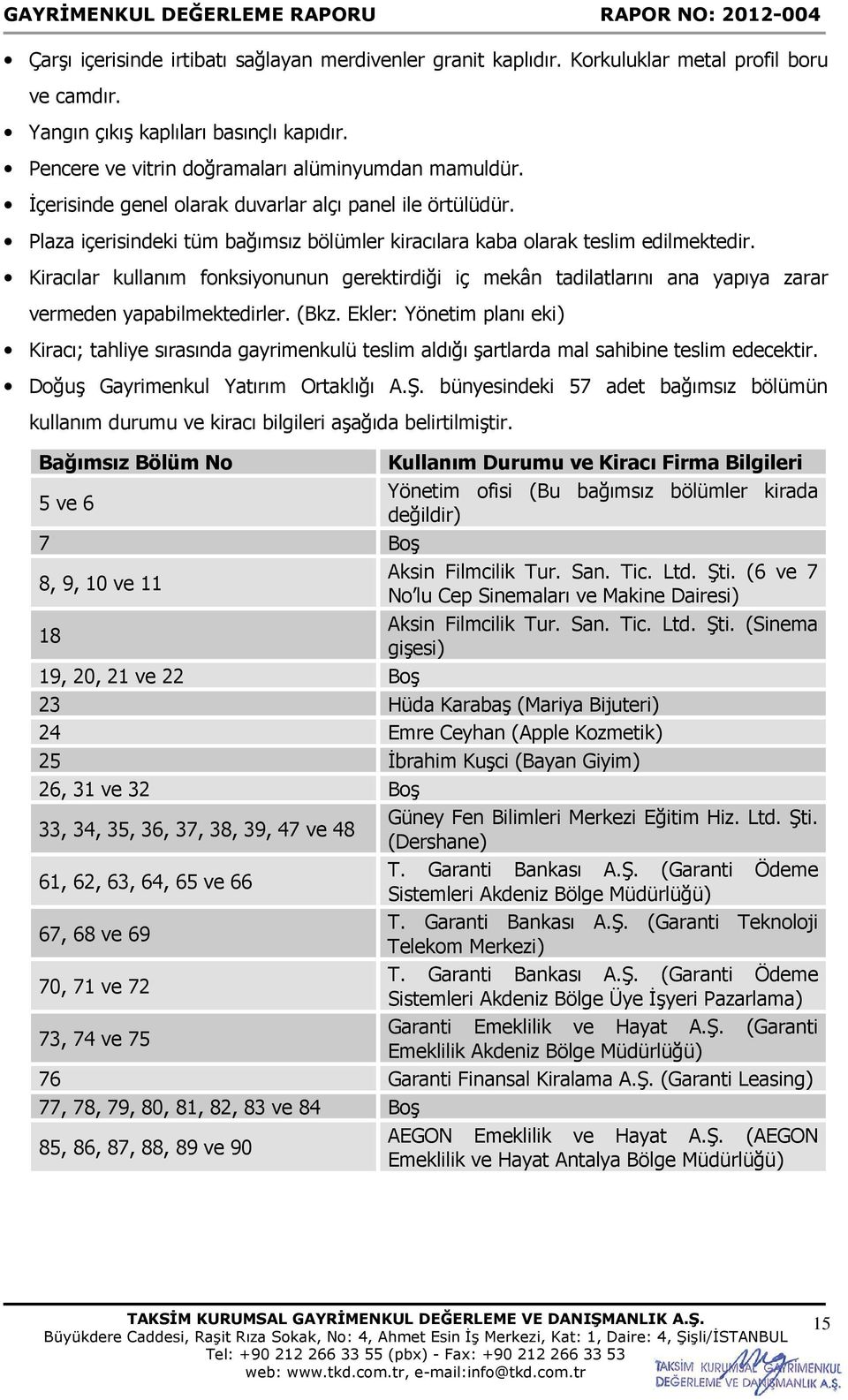 Kiracılar kullanım fonksiyonunun gerektirdiği iç mekân tadilatlarını ana yapıya zarar vermeden yapabilmektedirler. (Bkz.