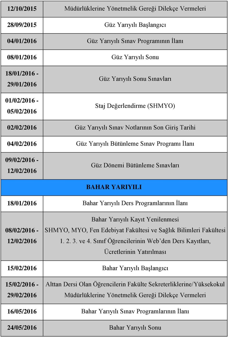 09/02/2016 - Güz Dönemi Bütünleme Sınavları BAHAR YARIYILI 18/01/2016 Bahar Yarıyılı Ders Programlarının İlanı 08/02/2016 - Bahar Yarıyılı Kayıt Yenilenmesi SHMYO, MYO, Fen Edebiyat Fakültesi ve