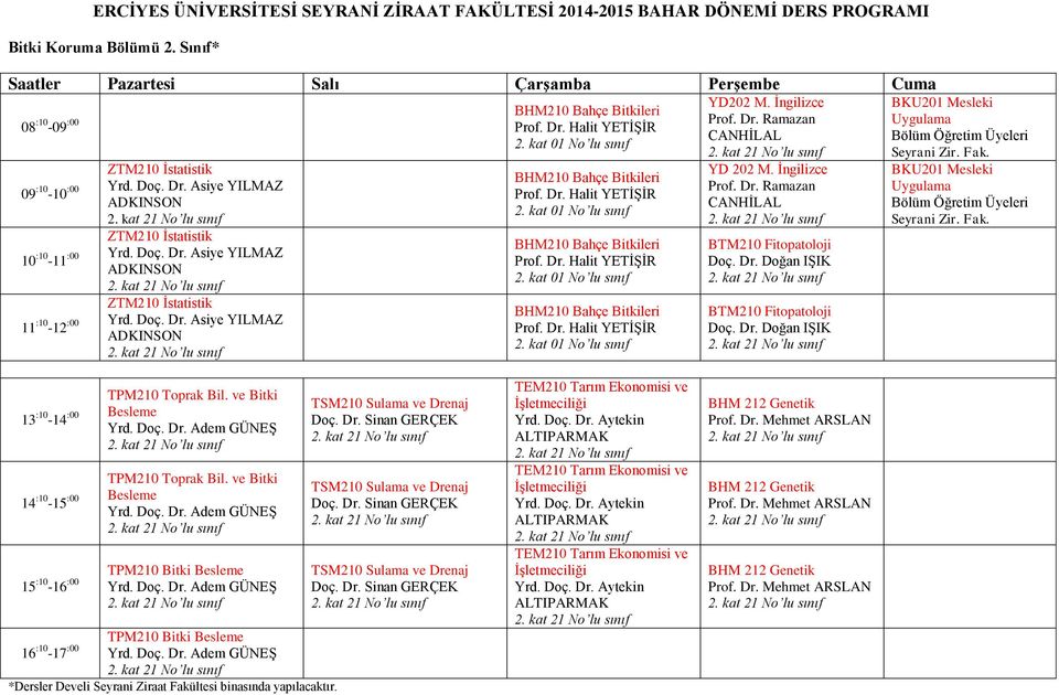 İngilizce Prof. Dr. Ramazan CANHİLAL YD 202 M. İngilizce Prof. Dr. Ramazan CANHİLAL BTM210 Fitopatoloji BTM210 Fitopatoloji BKU201 Mesleki BKU201 Mesleki TPM210 Toprak Bil.