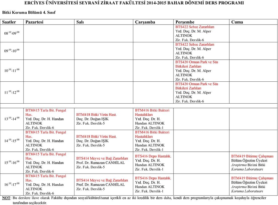 BTM418 Bitki Virüs Hast. BTS414 Meyve ve Bağ Zararlıları Prof. Dr. Ramazan CANHİLAL BTS414 Meyve ve Bağ Zararlıları Prof. Dr. Ramazan CANHİLAL BTM416 Bitki Bakteri Hastalıkları Yrd. Doç. Dr. H. Handan BTM416 Bitki Bakteri Hastalıkları Yrd.