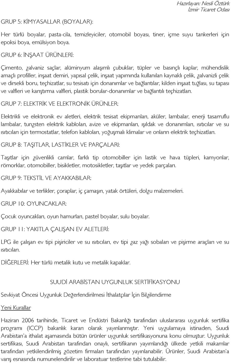 kaynaklı çelik, galvanizli çelik ve dirsekli boru, teçhizatlar, su tesisatı için donanımlar ve bağlantılar, kilden inşaat tuğlası, su tapası ve valfleri ve karıştırma valfleri, plastik