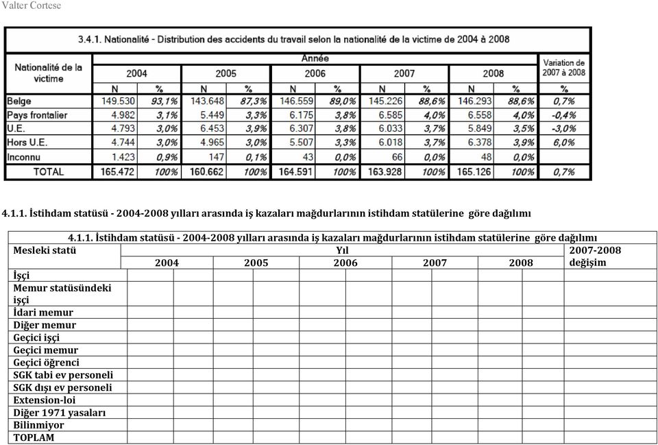 İstihdam statüsü 2004 2008 yılları arasında iş kazaları mağdurlarının istihdam statülerine göre dağılımı Mesleki statü