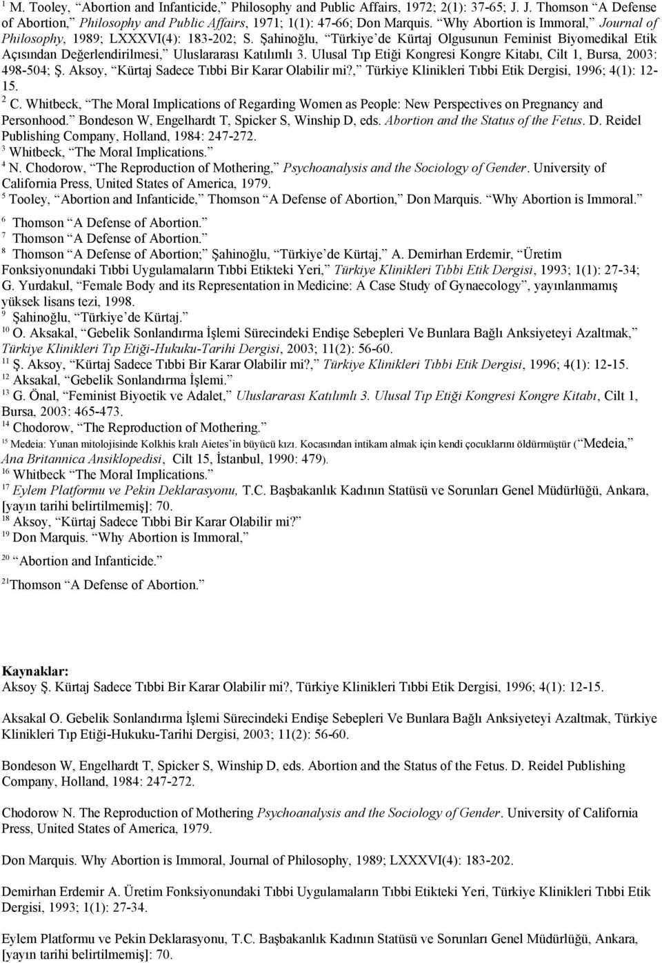 Ulusal Tıp Etiği Kongresi Kongre Kitabı, Cilt 1, Bursa, 2003: 498-504; Ş. Aksoy, Kürtaj Sadece Tıbbi Bir Karar Olabilir mi?, Türkiye Klinikleri Tıbbi Etik Dergisi, 1996; 4(1): 12-15. 2 C.