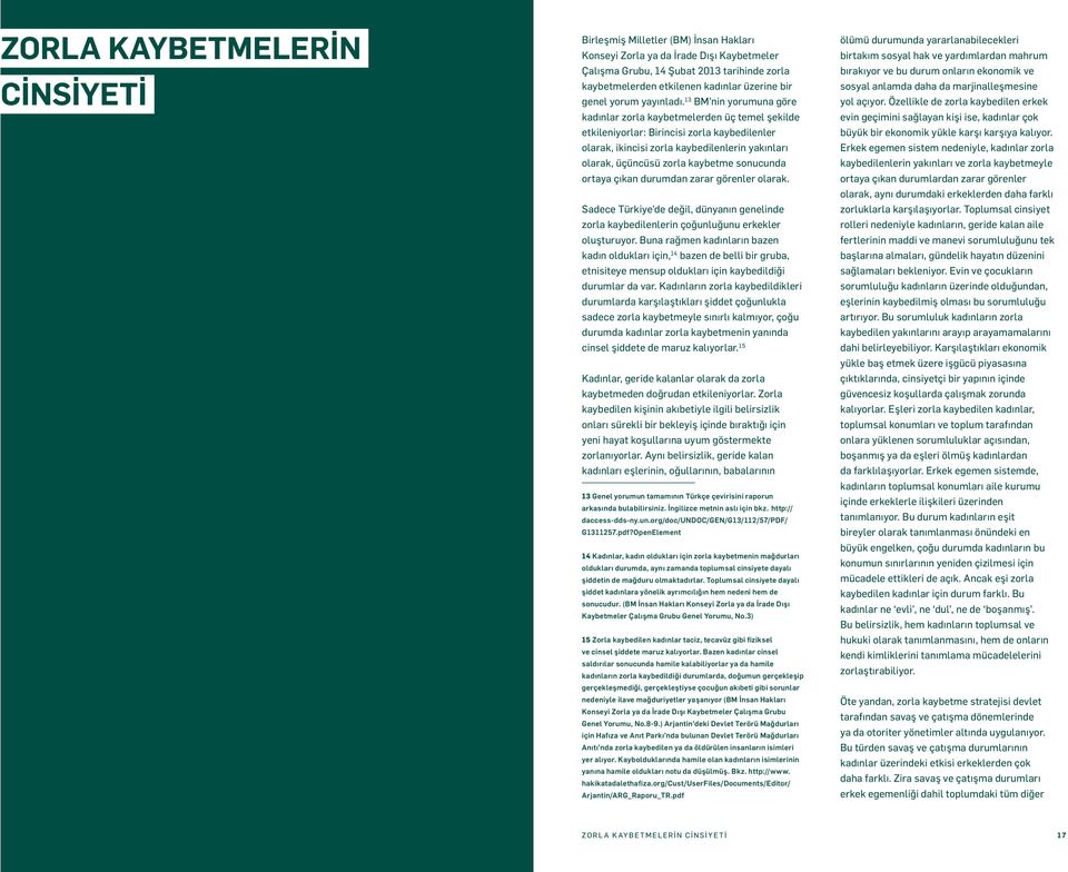 13 BM nin yorumuna göre kadınlar zorla kaybetmelerden üç temel şekilde etkileniyorlar: Birincisi zorla kaybedilenler olarak, ikincisi zorla kaybedilenlerin yakınları olarak, üçüncüsü zorla kaybetme