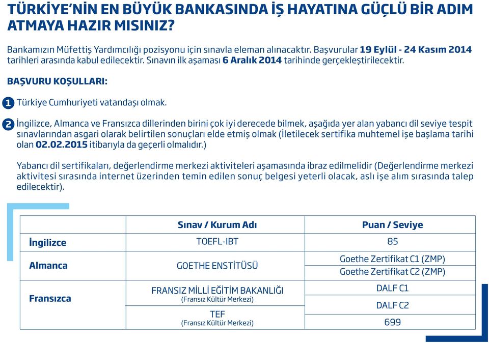 İngilizce, Almanca ve Fransızca dillerinden birini çok iyi derecede bilmek, aşağıda yer alan yabancı dil seviye tespit sınavlarından asgari olarak belirtilen sonuçları elde etmiş olmak (İletilecek