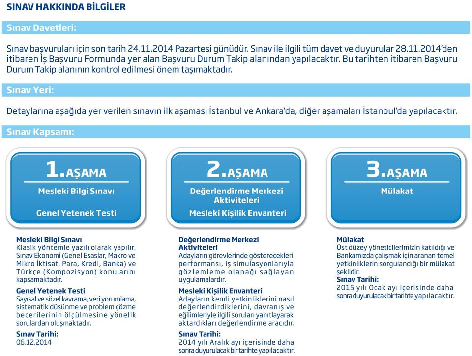 Sınav Yeri: Detaylarına aşağıda yer verilen sınavın ilk aşaması İstanbul ve Ankara da, diğer aşamaları İstanbul da yapılacaktır. Sınav Kapsamı: 1.AŞAMA Mesleki Bilgi Sınavı Genel Yetenek Testi 2.