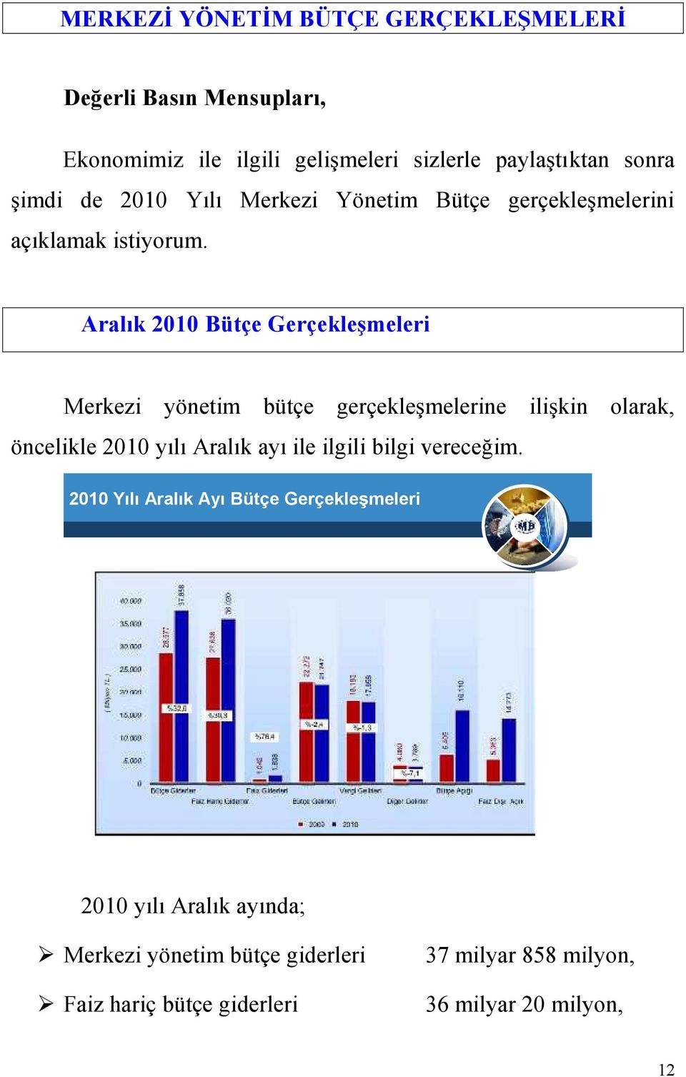 Aralık 2010 Bütçe Gerçekleşmeleri Merkezi yönetim bütçe gerçekleşmelerine ilişkin olarak, öncelikle 2010 yılı Aralık ayı ile ilgili