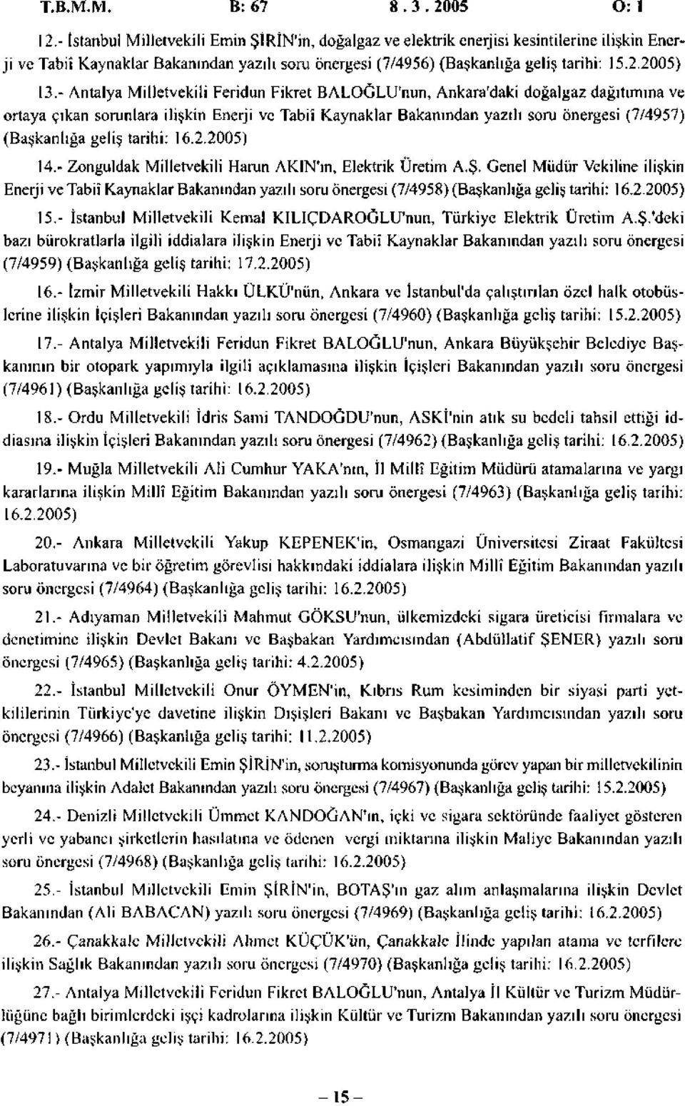 - Antalya Milletvekili Feridun Fikret BALOGLU'nun, Ankara'daki doğalgaz dağıtımına ve ortaya çıkan sorunlara ilişkin Enerji ve Tabiî Kaynaklar Bakanından yazılı soru önergesi (7/4957) (Başkanlığa