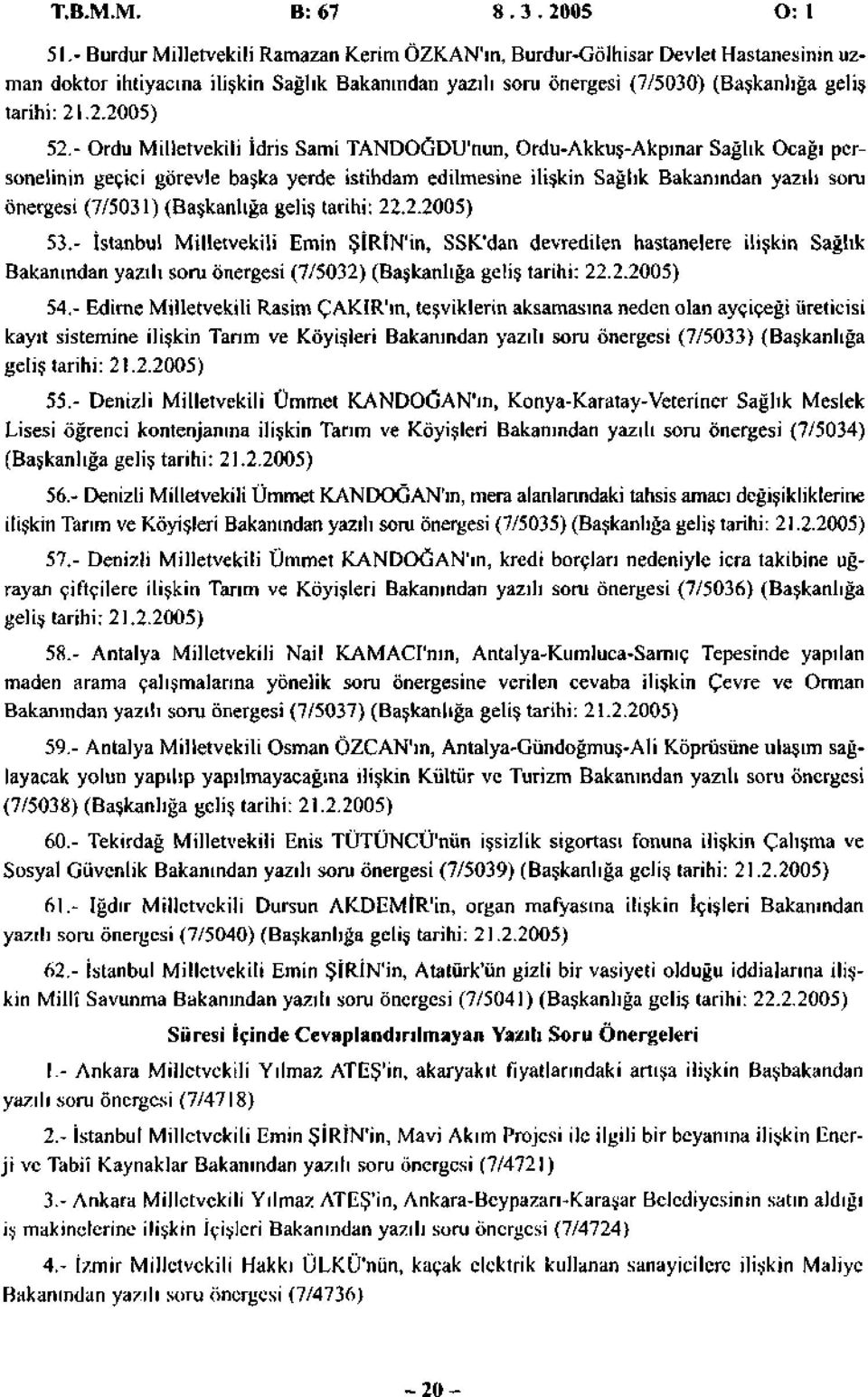 - Ordu Milletvekili İdris Sami TANDOĞDU'nun, Ordu-Akkuş-Akpınar Sağlık Ocağı personelinin geçici görevle başka yerde istihdam edilmesine ilişkin Sağlık Bakanından yazılı soru önergesi (7/5031)