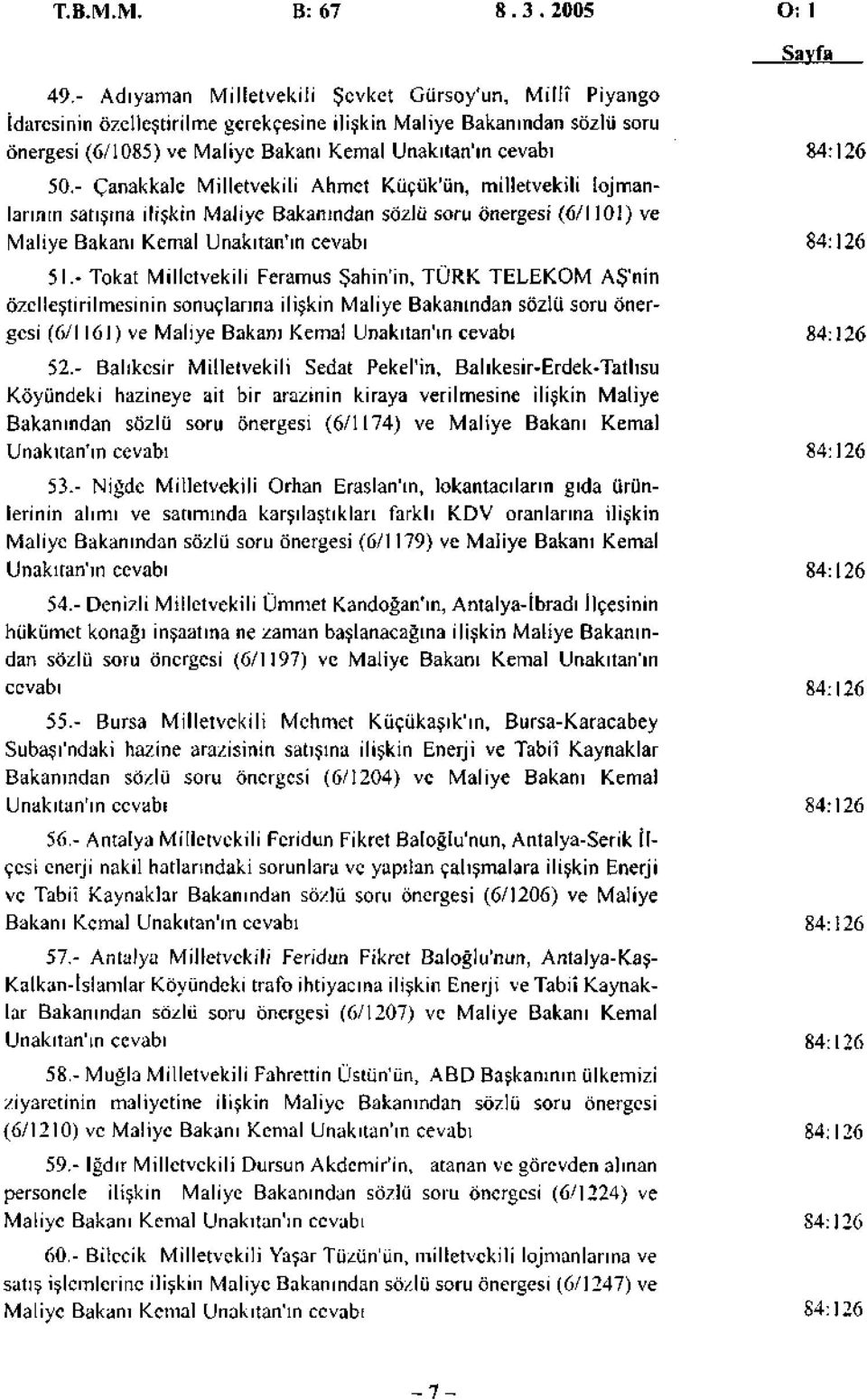 - Çanakkale Milletvekili Ahmet Küçük'ün, milletvekili lojmanlarının satışına ilişkin Maliye Bakanından sözlü soru önergesi (6/1101) ve Maliye Bakanı Kemal Unakıtan'ın cevabı 84: 51.