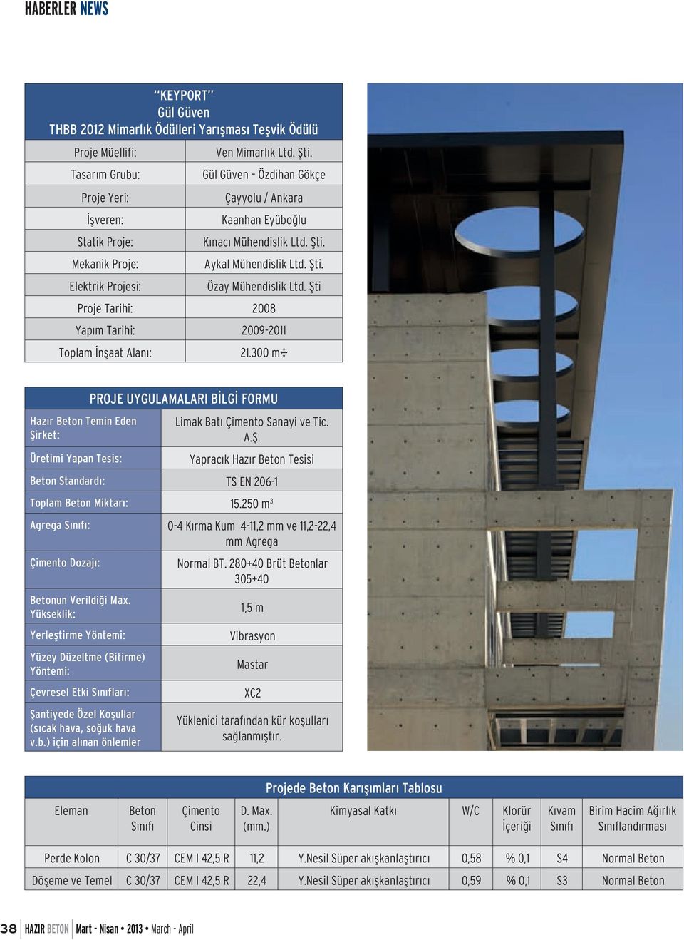 Şti Proje Tarihi: 2008 Yapım Tarihi: 2009-2011 Toplam İnşaat Alanı: 21.300 m² Hazır Beton Temin Eden Şirket: Üretimi Yapan Tesis: PROJE UYGULAMALARI BİLGİ FORMU Limak Batı Çimento Sanayi ve Tic. A.Ş. Yapracık Hazır Beton Tesisi Beton Standardı: TS EN 206-1 Toplam Beton Miktarı: 15.