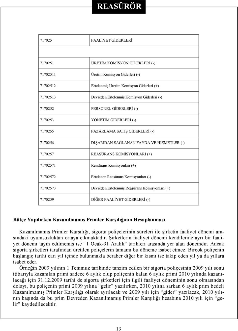 71702571 Reasürans Komisyonları (+) 71702572 Ertelenen Reasürans Komisyonları (-) 71702573 Devreden Ertelenmiş Reasürans Komisyonları (+) 7170259 DİĞER FAALİYET GİDERLERİ (-) Bütçe Yapılırken