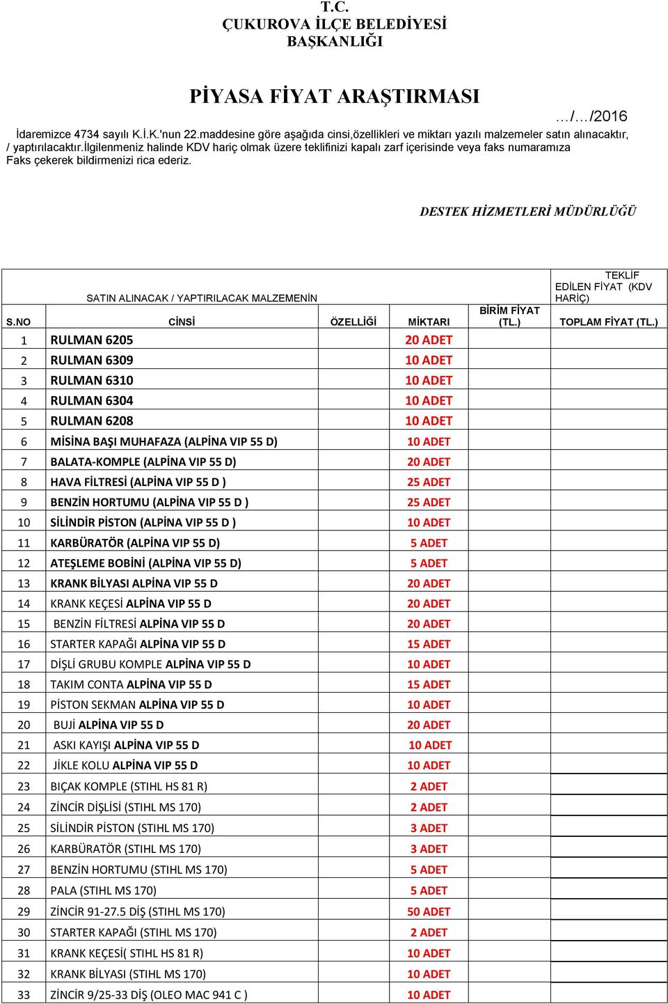 ilgilenmeniz halinde KDV hariç olmak üzere teklifinizi kapalı zarf içerisinde veya faks numaramıza Faks çekerek bildirmenizi rica ederiz.