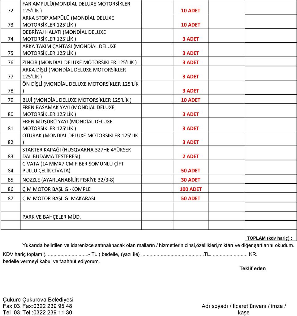 MOTORSİKLER 125 LİK ) 83 STARTER KAPAĞI (HUSQVARNA 327HE 4YÜKSEK DAL BUDAMA TESTERESİ) 2 ADET 84 CİVATA (14 MMX7 CM FİBER SOMUNLU ÇİFT PULLU ÇELİK CİVATA) 50 ADET 85 NOZZLE (AYARLANABİLİR FISKİYE