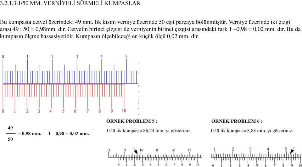 Verniye üzerinde iki çizgi arası 49 : 50 = 0,98mm. dir.