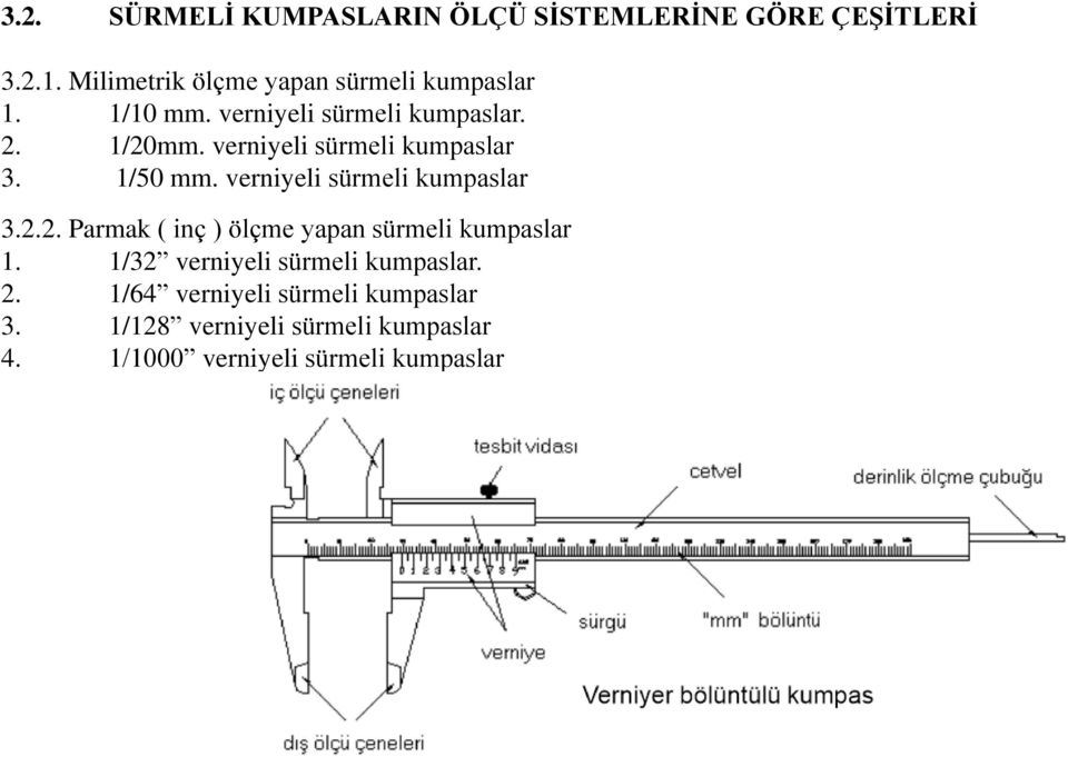 verniyeli sürmeli kumpaslar 3. 1/50 mm. verniyeli sürmeli kumpaslar 3.2.