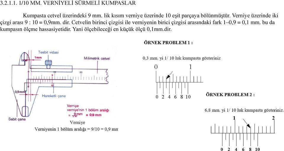 Verniye üzerinde iki çizgi arası 9 : 10 = 0,9mm. dir.