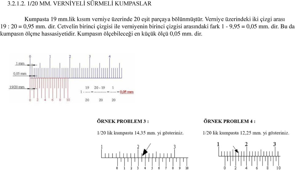 Verniye üzerindeki iki çizgi arası 19 : 20 = 0,95 mm. dir.