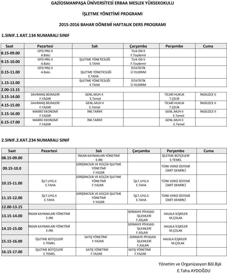 08.15-09.00 A.Balcı F.Toydemir OFİS PRG II İŞLETME YÖNETİCİLİĞİ 09.15-10.00 A.Balcı F.Toydemir 10.15-11.00 OFİS PRG II A.Balcı İŞLETME YÖNETİCİLİĞİ İSTATİSTİK 11.15-12.00 12.00-13.15 13.15-14.00 14.