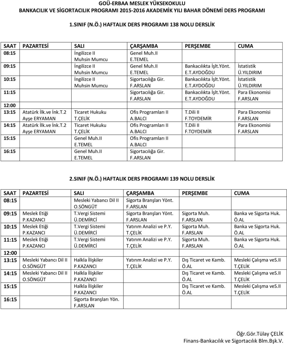 11:15 Sigortacılığa Gir. Para Ekonomisi 12:00 13:15 Atatürk İlk.ve İnk.T.2 Ayşe ERYAMAN Ofis Programları II T.Dili II F.TOYDEMİR Para Ekonomisi 14:15 Atatürk İlk.ve İnk.T.2 Ayşe ERYAMAN Ofis Programları II T.Dili II F.TOYDEMİR Para Ekonomisi 15:15 Ofis Programları II 16:15 Sigortacılığa Gir.