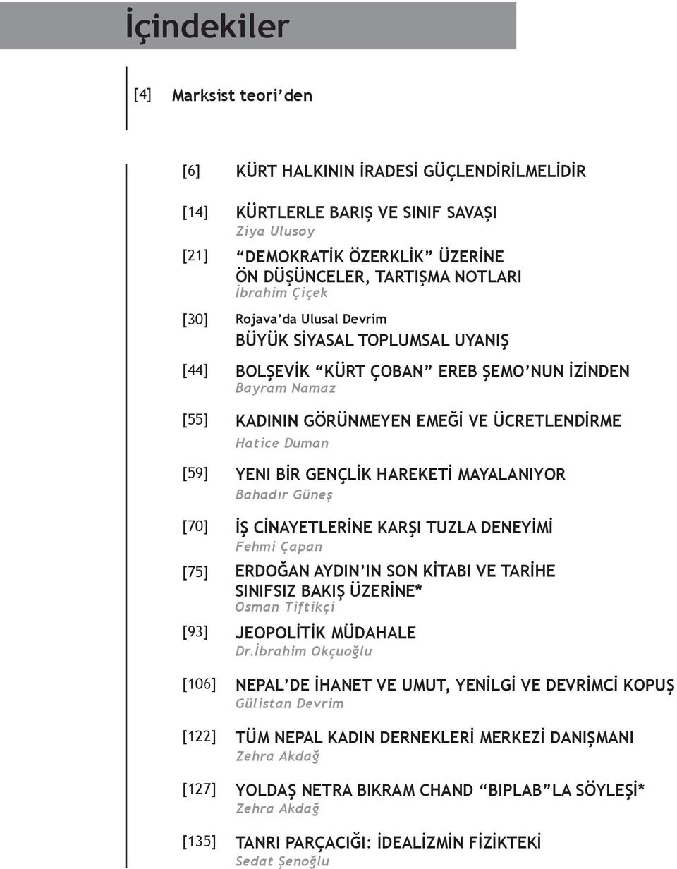 BİR GENÇLİK HAREKETİ MAYALANIYOR Bahadır Güneş [70] [75] İŞ CİNAYETLERİNE KARŞI TUZLA DENEYİMİ Fehmi Çapan ERDOĞAN AYDIN IN SON KİTABI VE TARİHE SINIFSIZ BAKIŞ ÜZERİNE* Osman Tiftikçi [93] JEOPOLİTİK