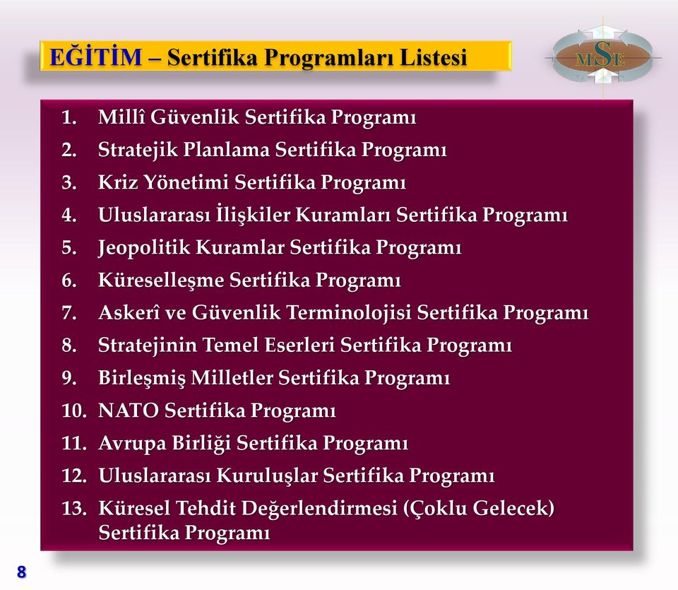 Askerî ve Güvenlik Terminolojisi Sertifika Programı 8. Stratejinin Temel Eserleri Sertifika Programı 9. Birleşmiş Milletler Sertifika Programı 10.