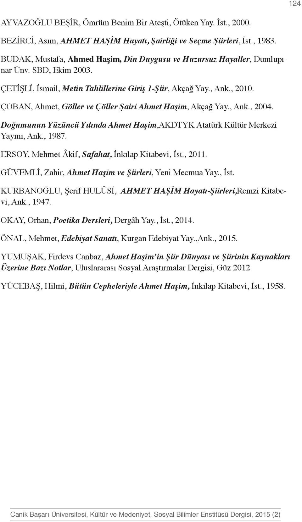 ÇOBAN, Ahmet, Göller ve Çöller Şairi Ahmet Haşim, Akçağ Yay., Ank., 2004. Doğumunun Yüzüncü Yılında Ahmet Haşim,AKDTYK Atatürk Kültür Merkezi Yayını, Ank., 1987.