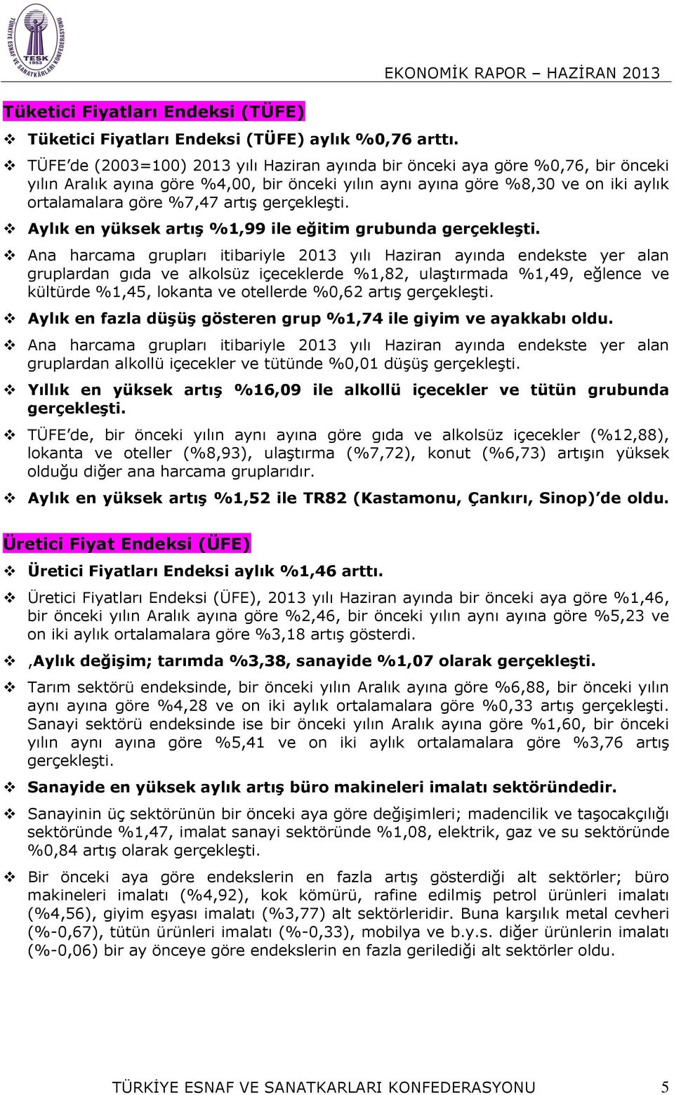 Aylık en yüksek artış %1,99 ile eğitim grubunda Ana harcama grupları itibariyle 2013 yılı Haziran ayında endekste yer alan gruplardan gıda ve alkolsüz içeceklerde %1,82, ulaştırmada %1,49, eğlence ve