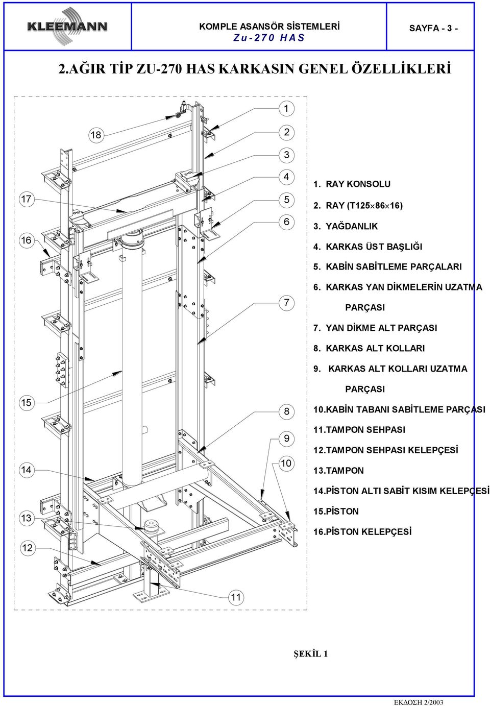 YAN DİKME ALT PARÇASI 8. KARKAS ALT KOLLARI 9. KARKAS ALT KOLLARI UZATMA PARÇASI 10.KABİN TABANI SABİTLEME PARÇASI 11.TAMPON SEHPASI 12.