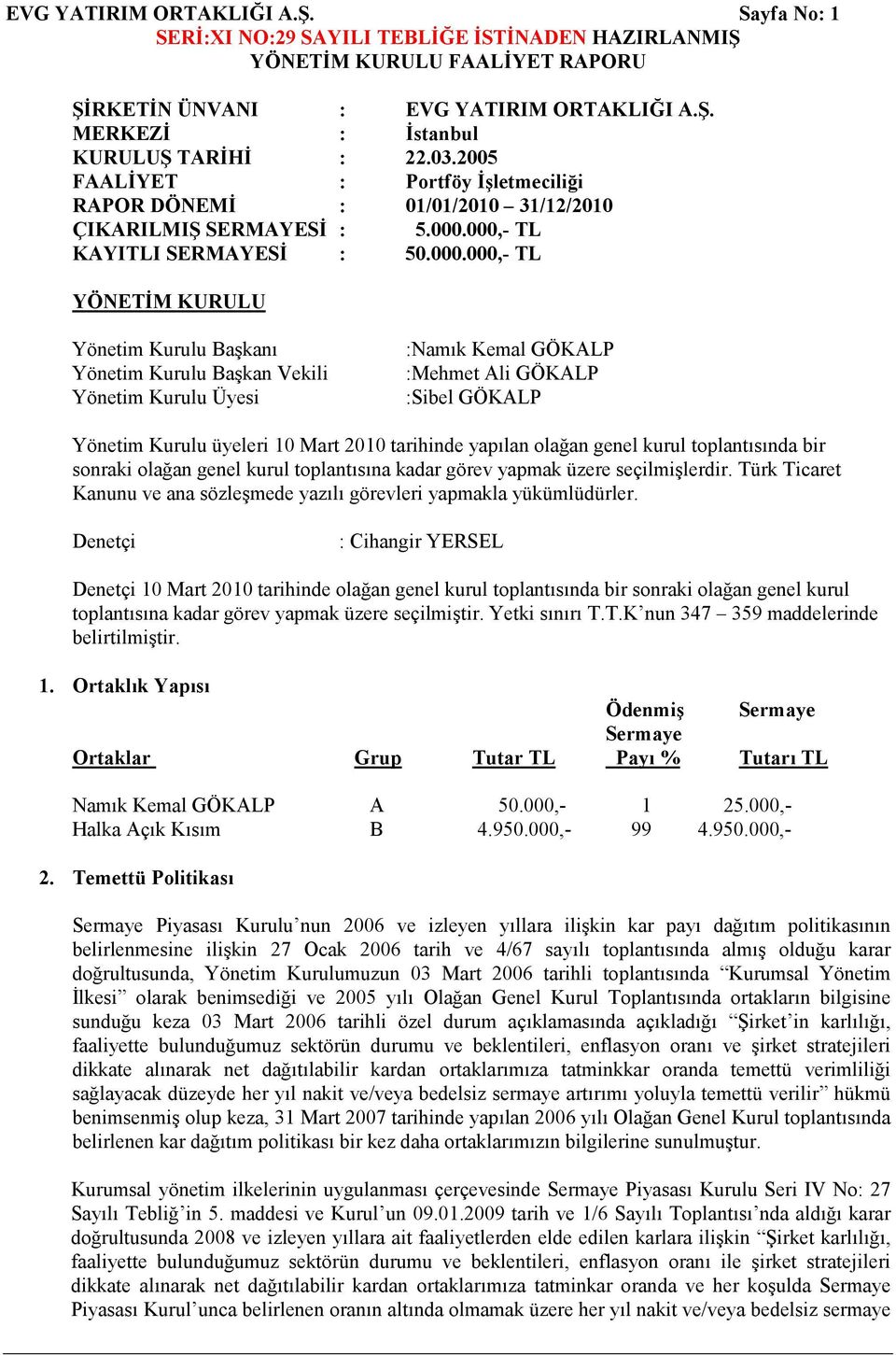 000,- TL KAYITLI SERMAYESİ : 50.000.000,- TL YÖNETİM KURULU Yönetim Kurulu Başkanı Yönetim Kurulu Başkan Vekili Yönetim Kurulu Üyesi :Namık Kemal GÖKALP :Mehmet Ali GÖKALP :Sibel GÖKALP Yönetim