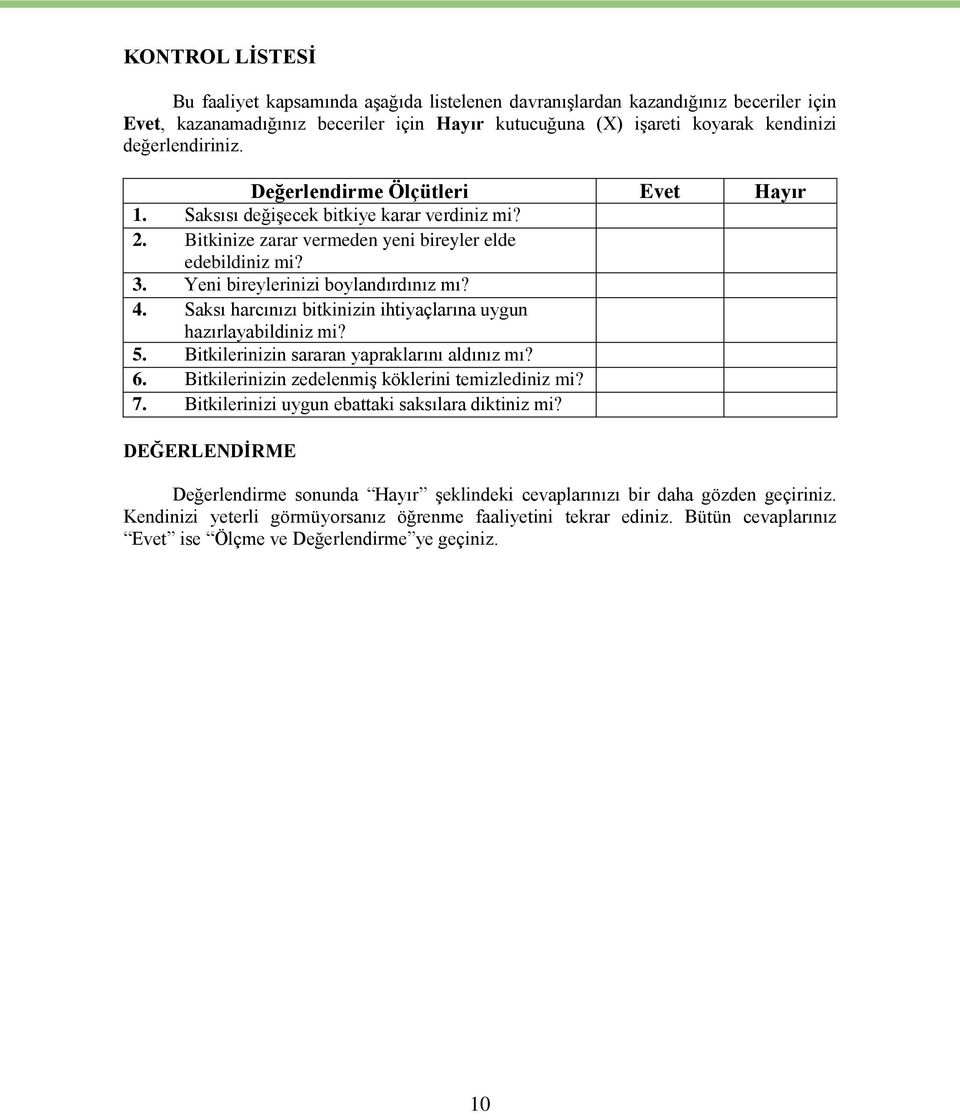 Yeni bireylerinizi boylandırdınız mı? 4. Saksı harcınızı bitkinizin ihtiyaçlarına uygun hazırlayabildiniz mi? 5. Bitkilerinizin sararan yapraklarını aldınız mı? 6.