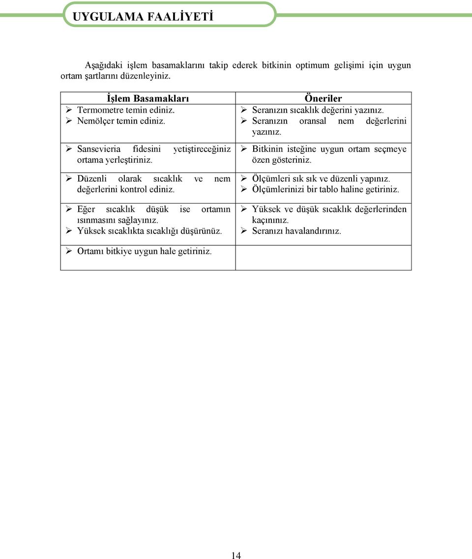 Eğer sıcaklık düşük ise ortamın ısınmasını sağlayınız. Yüksek sıcaklıkta sıcaklığı düşürünüz. Öneriler Seranızın sıcaklık değerini yazınız. Seranızın oransal nem değerlerini yazınız.