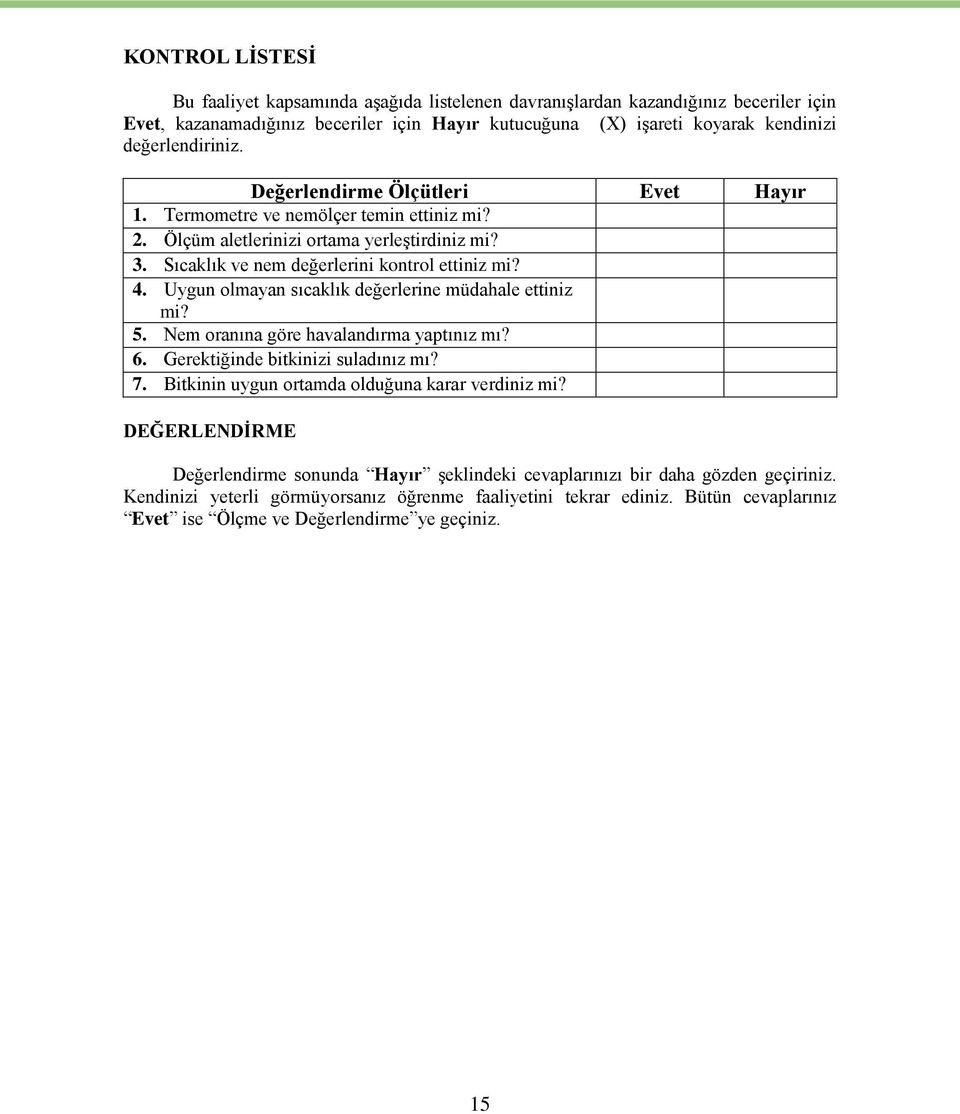 Uygun olmayan sıcaklık değerlerine müdahale ettiniz mi? 5. Nem oranına göre havalandırma yaptınız mı? 6. Gerektiğinde bitkinizi suladınız mı? 7. Bitkinin uygun ortamda olduğuna karar verdiniz mi?