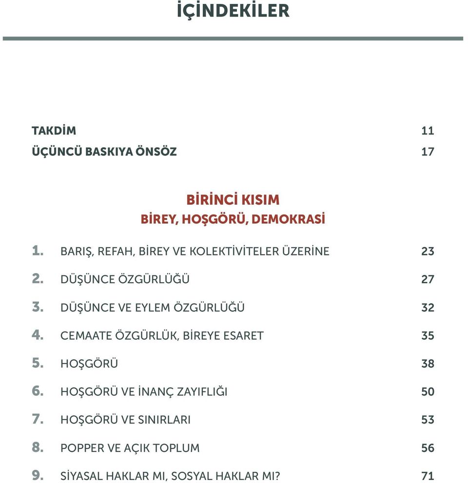 DÜŞÜNCE VE EYLEM ÖZGÜRLÜĞÜ 32 4. CEMAATE ÖZGÜRLÜK, BIREYE ESARET 35 5. HOŞGÖRÜ 38 6.