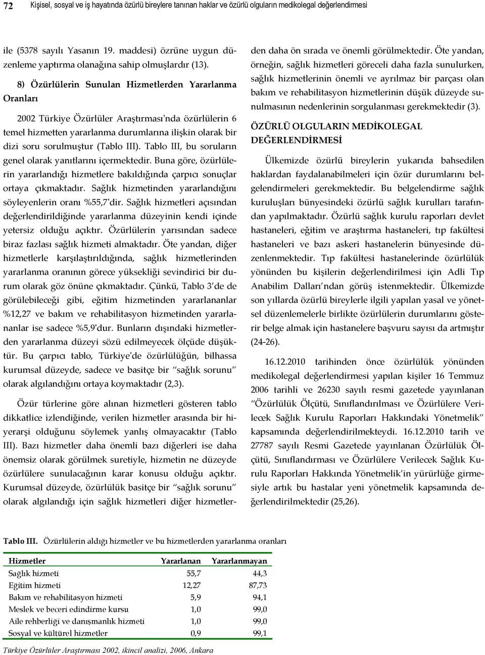 8) Özürlülerin Sunulan Hizmetlerden Yararlanma Oranları 2002 Türkiye Özürlüler Araştırmasıʹnda özürlülerin 6 temel hizmetten yararlanma durumlarına ilişkin olarak bir dizi soru sorulmuştur (Tablo