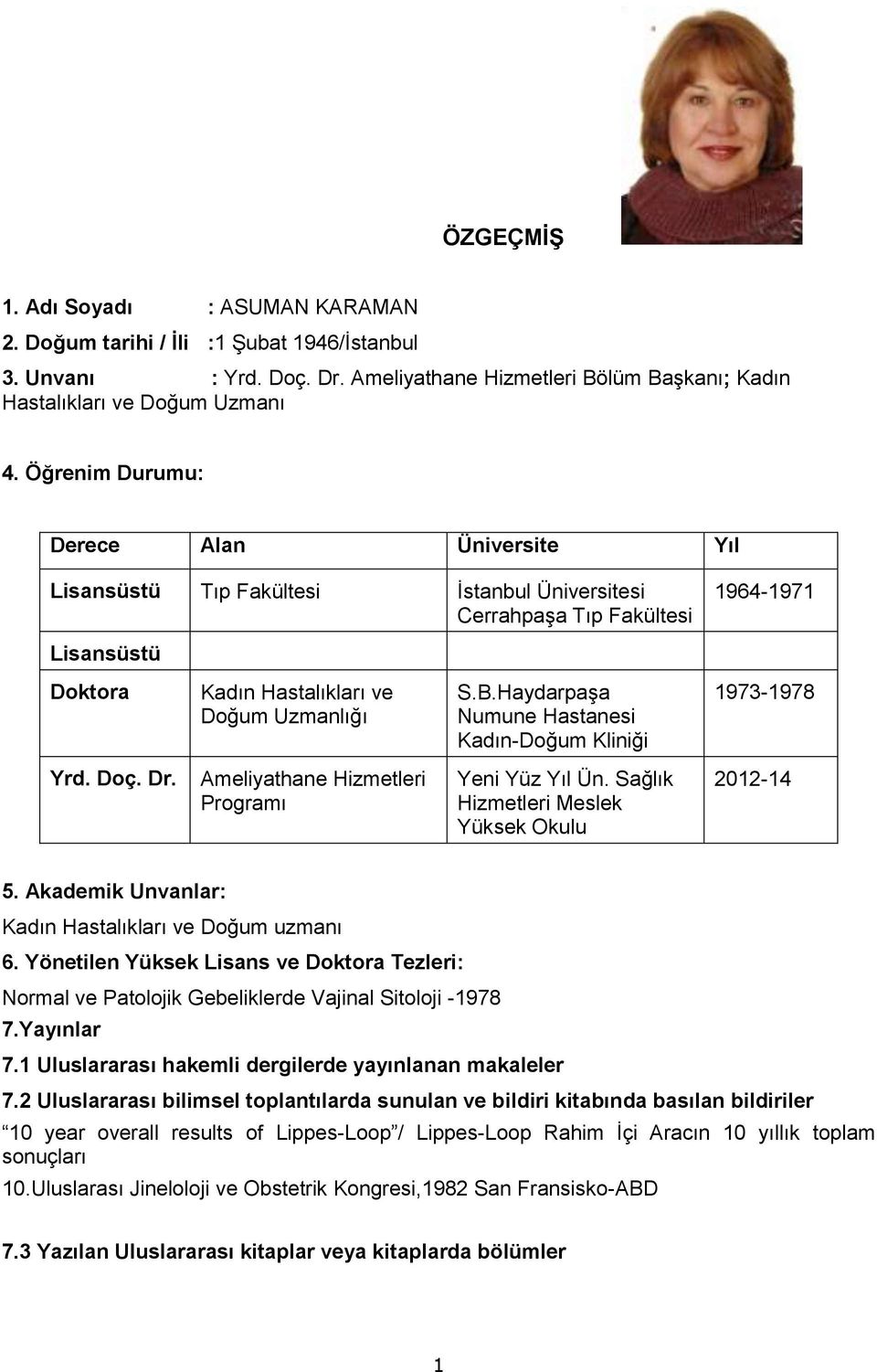 Haydarpaşa Numune Hastanesi Kadın-Doğum Kliniği 1973-1978 Yrd. Doç. Dr. Ameliyathane Hizmetleri Programı Yeni Yüz Yıl Ün. Sağlık Hizmetleri Meslek Yüksek Okulu 2012-14 5.