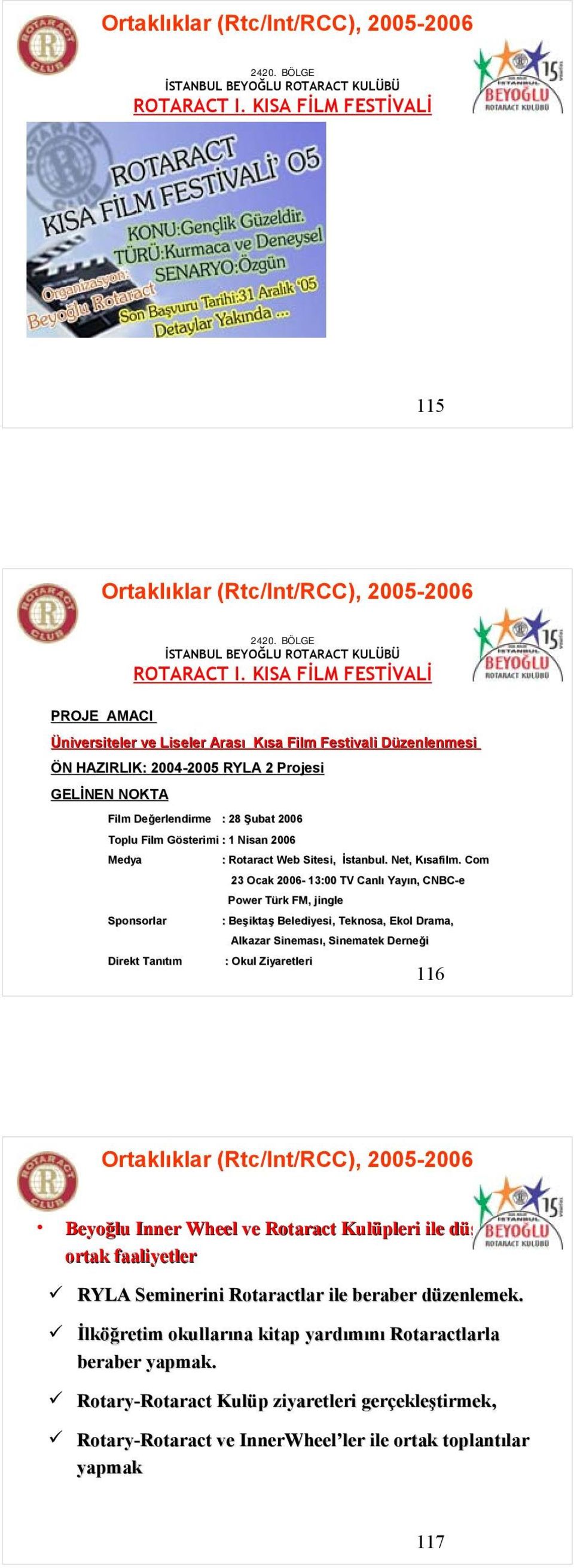 KISA FİLM FESTİVALİ Üniversiteler ve Liseler Arası Kısa Film Festivali Düzenlenmesi ÖN HAZIRLIK: 2004-2005 RYLA 2 Projesi GELİNEN NOKTA Film Değerlendirme : 28 Şubat 2006 Toplu Film Gösterimi : 1