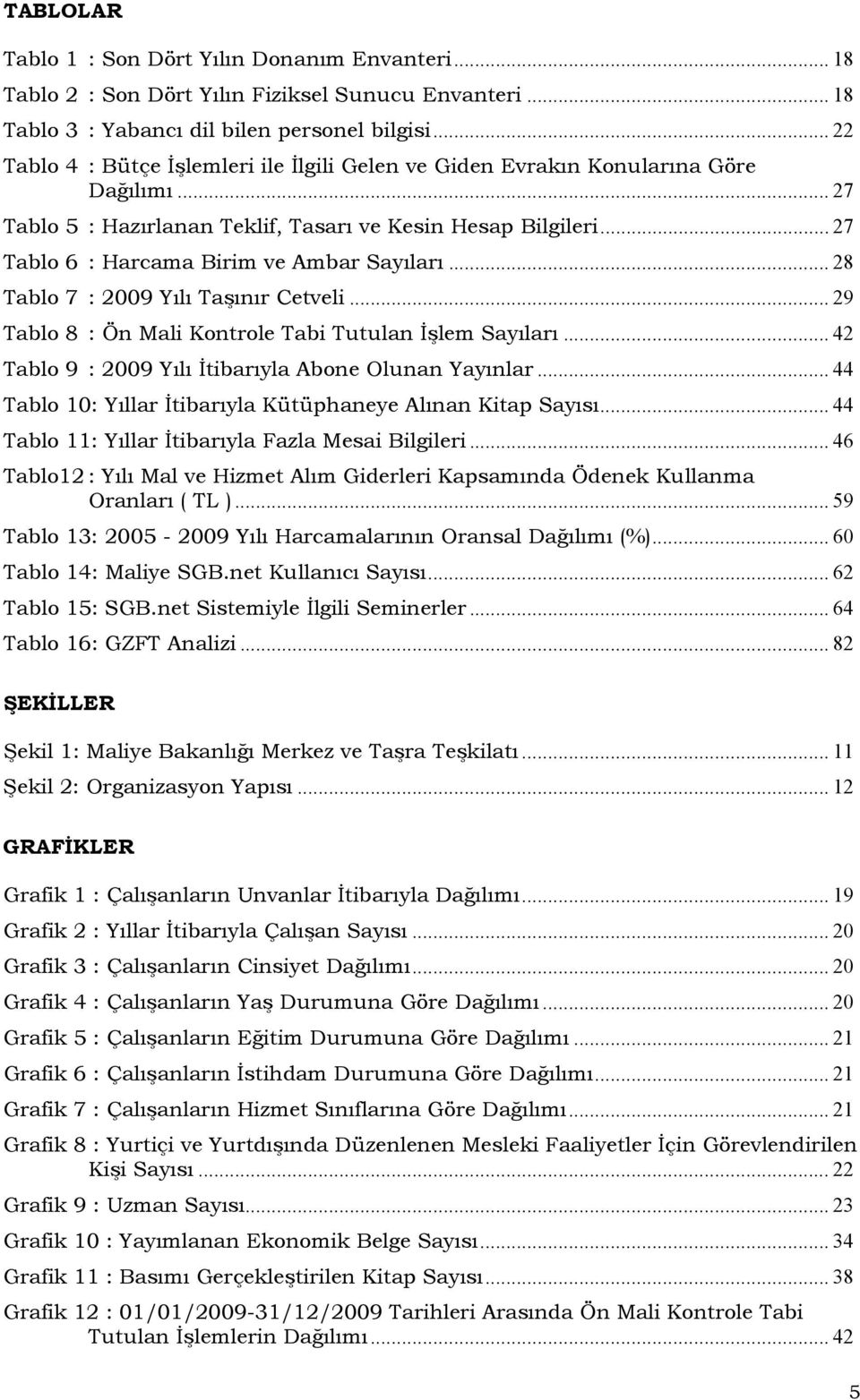 .. 27 Tablo 6 : Harcama Birim ve Ambar Sayıları... 28 Tablo 7 : 2009 Yılı Taşınır Cetveli... 29 Tablo 8 : Ön Mali Kontrole Tabi Tutulan İşlem Sayıları.