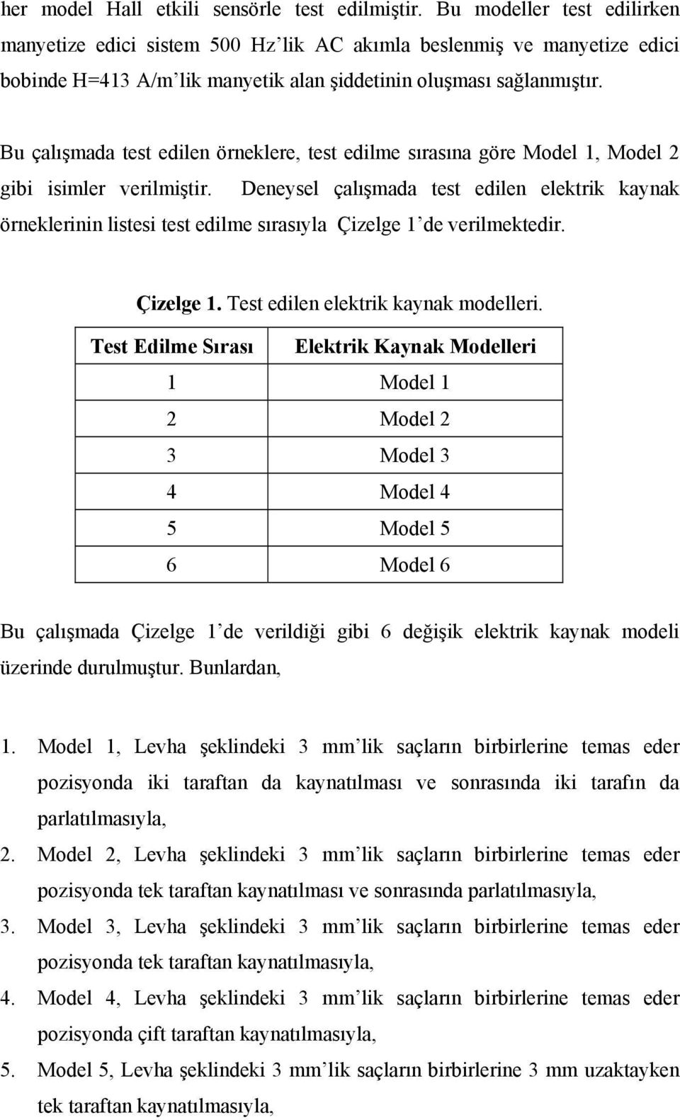 Bu çalışmada test edilen örneklere, test edilme sırasına göre Model 1, Model 2 gibi isimler verilmiştir.