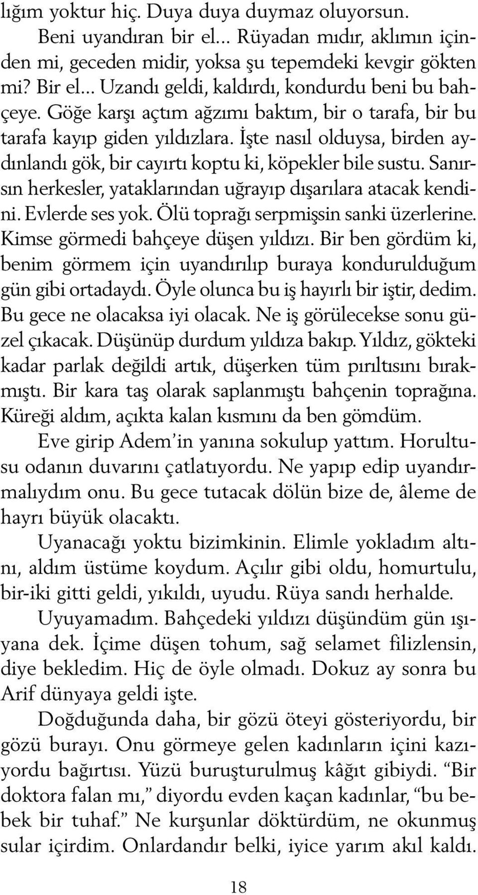 İşte nasıl olduysa, birden aydınlandı gök, bir cayırtı koptu ki, köpekler bile sustu. Sanırsın herkesler, yataklarından uğrayıp dışarılara atacak kendini. Evlerde ses yok.