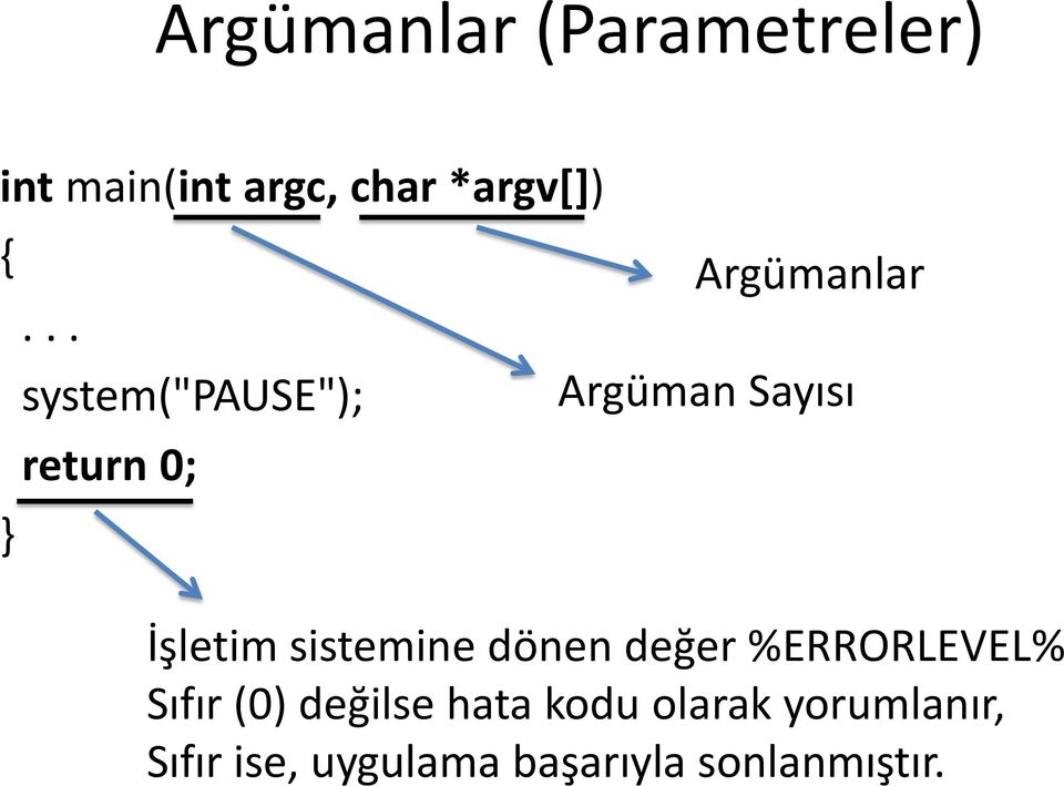 İşletim sistemine dönen değer %ERRORLEVEL% Sıfır (0) değilse