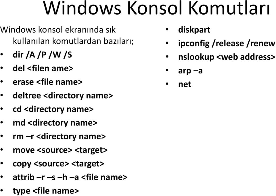 <directory name> rm r <directory name> move <source> <target> copy <source> <target> attrib r